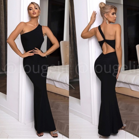 Rouge! Dresses & Skirts - Black Maxi Long Sheath Dress One Shoulder Twisted Back Ruched Back